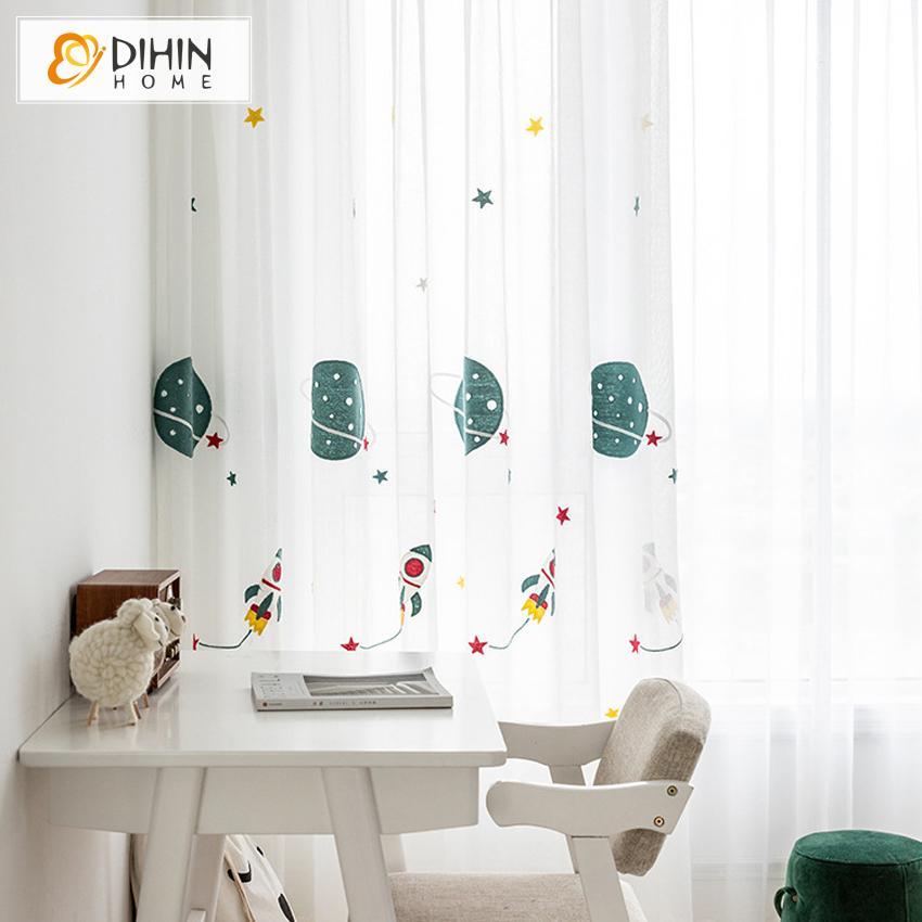 DIHINHOME Home Textile Sheer Curtain DIHIN HOME Cartoon Space and Rocket Embroidered Day Curtain ,Sheer Curtain, Grommet Window Curtain for Living Room ,52x63-inch,1 Panel