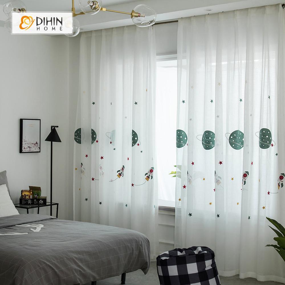 DIHINHOME Home Textile Sheer Curtain DIHIN HOME Cartoon Spaceship Sheer Curtain ,Day Curtains Grommet Window Curtain for Living Room ,52x63-inch,1 Panel