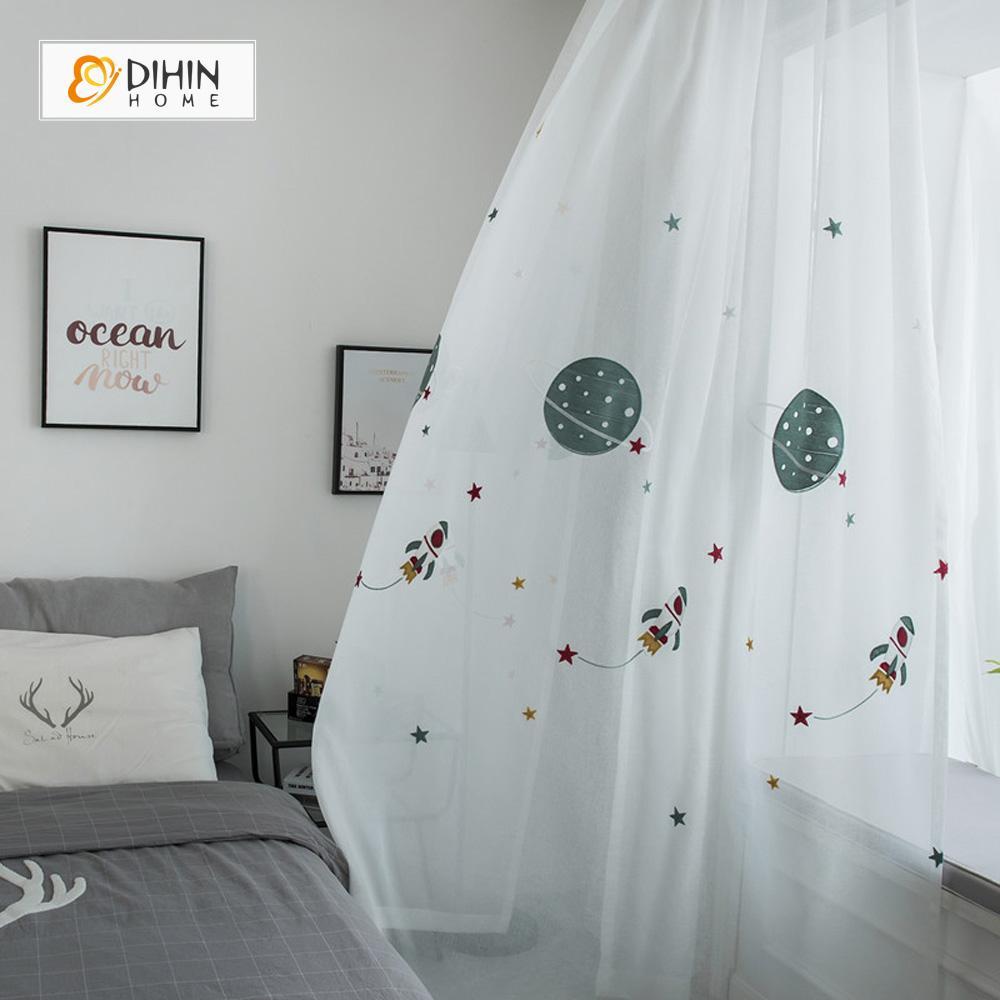 DIHINHOME Home Textile Sheer Curtain DIHIN HOME Cartoon Spaceship Sheer Curtain ,Day Curtains Grommet Window Curtain for Living Room ,52x63-inch,1 Panel