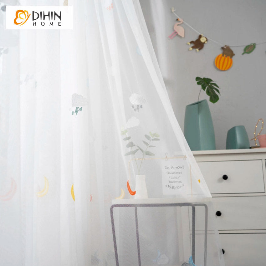 DIHINHOME Home Textile Sheer Curtain DIHIN HOME Cartoon Star and Moon Pattern Embroidered Sheer Curtain, Grommet Window Curtain for Living Room ,52x63-inch,1 Panel