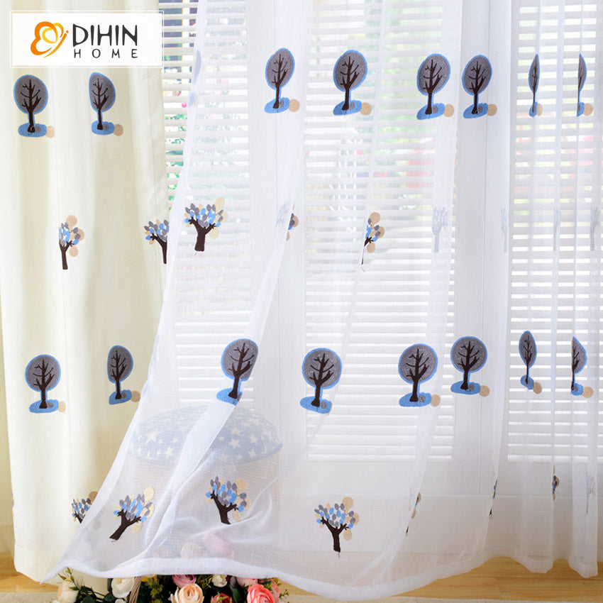 DIHINHOME Home Textile Sheer Curtain DIHIN HOME Cartoon Trees Embroidered,Sheer Curtain, Grommet Window Curtain for Living Room ,52x63-inch,1 Panel
