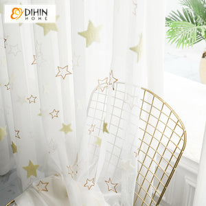 DIHINHOME Home Textile Sheer Curtain DIHIN HOME Cartoon White Stars Embroidered,Sheer Curtain,Grommet Window Curtain for Living Room ,52x63-inch,1 Panel