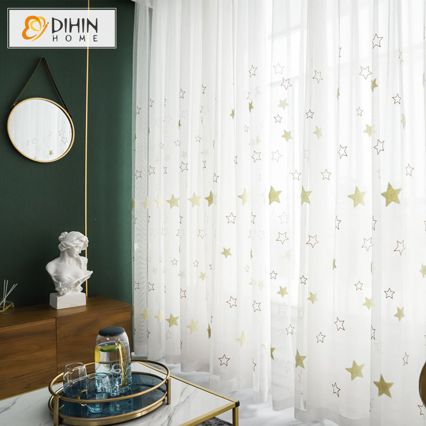 DIHIN HOME Cartoon White Stars Embroidered,Sheer Curtain,Grommet Window Curtain for Living Room ,52x63-inch,1 Panel