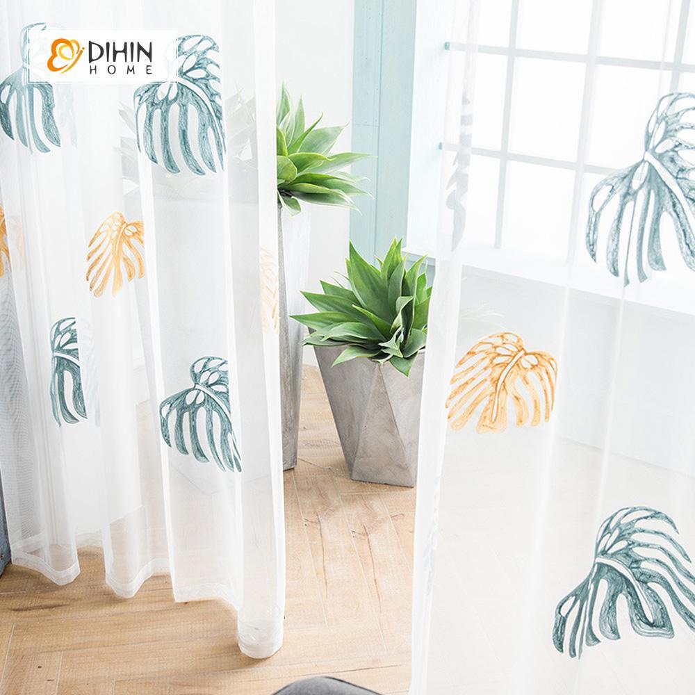 DIHINHOME Home Textile Sheer Curtain DIHIN HOME  Cotton Linen Embroidered Banana Tree ,Sheer Curtain, Grommet Window Curtain for Living Room ,52x63-inch,1 Panel