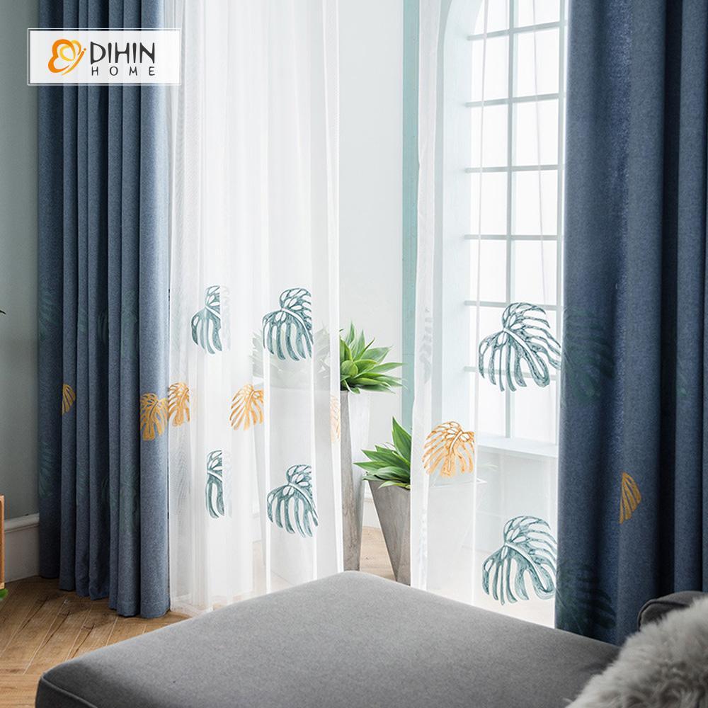 DIHINHOME Home Textile Sheer Curtain DIHIN HOME  Cotton Linen Embroidered Banana Tree ,Sheer Curtain, Grommet Window Curtain for Living Room ,52x63-inch,1 Panel