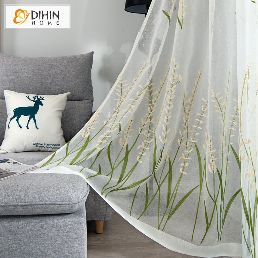 DIHINHOME Home Textile Sheer Curtain DIHIN HOME  Cotton Linen Green Flowers ,Sheer Curtain, Grommet Window Curtain for Living Room ,52x63-inch,1 Panel