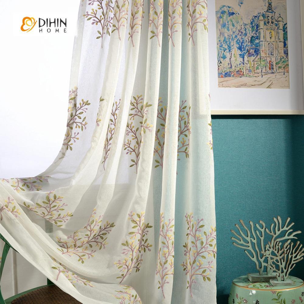 DIHINHOME Home Textile Sheer Curtain DIHIN HOME Embroidered Sheer Curtains ,Cotton Linen ,Day Curtain Grommet Window Curtain for Living Room ,52x63-inch,1 Panel