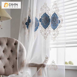 DIHINHOME Home Textile Sheer Curtain DIHIN HOME European Blue Embroidered Sheer Curtain, Grommet Window Curtain for Living Room ,52x63-inch,1 Panel