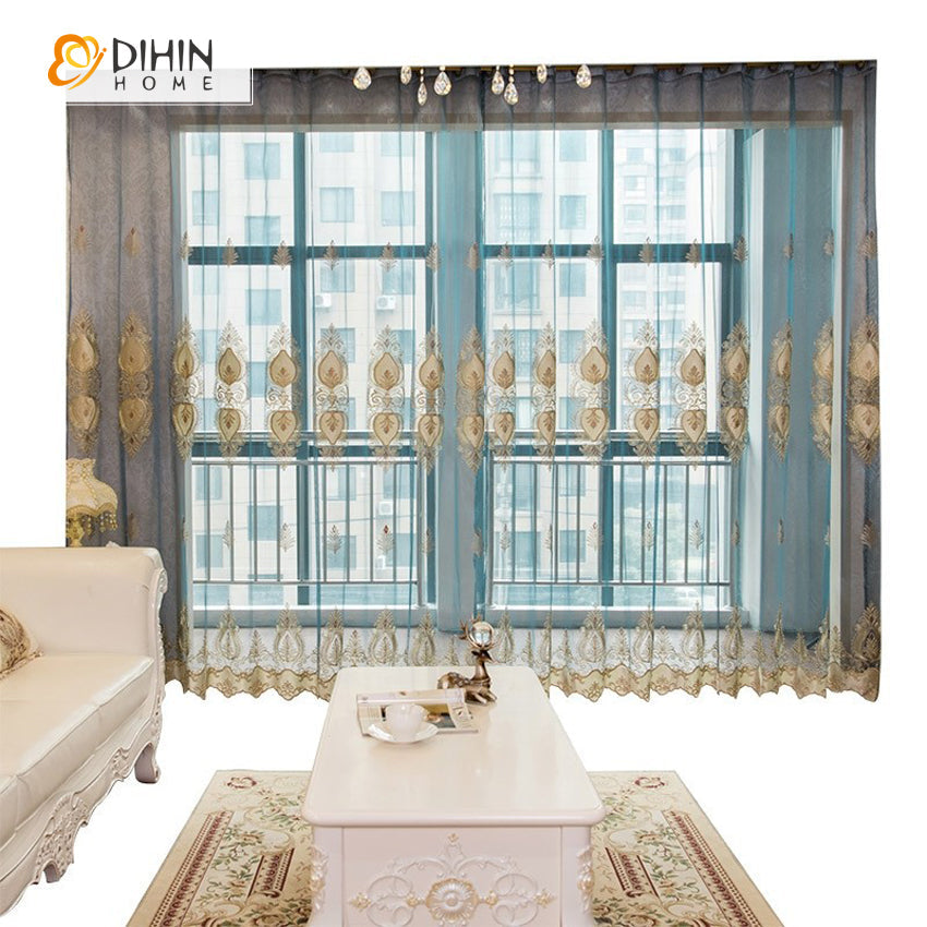 DIHINHOME Home Textile Sheer Curtain DIHIN HOME European Embroidered Sheer Curtains,Grommet Window Curtain for Living Room ,52x63-inch,1 Panel