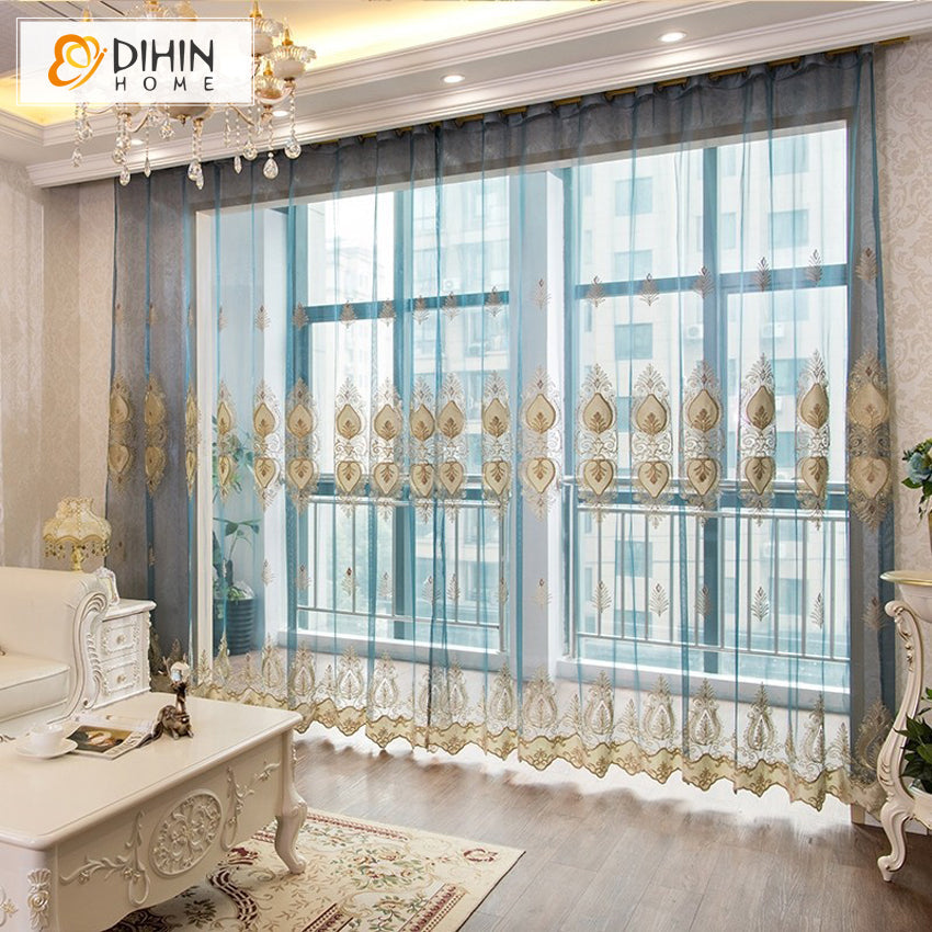 DIHIN HOME European Embroidered Sheer Curtains,Grommet Window Curtain for Living Room ,52x63-inch,1 Panel