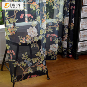 DIHINHOME Home Textile Sheer Curtain DIHIN HOME European Flowers Printed Sheer Curtain, Grommet Window Curtain for Living Room ,52x63-inch,1 Panelriped
