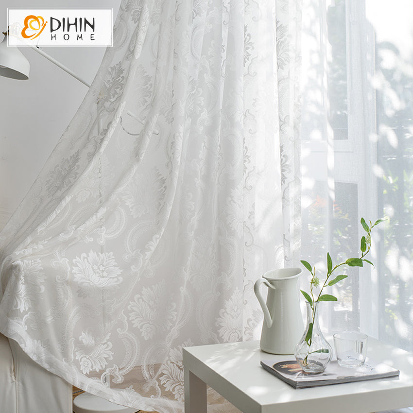 DIHIN HOME European High Quality White Embroidered Sheer Curtain,Grommet Window Curtain for Living Room ,52x63-inch,1 Panel