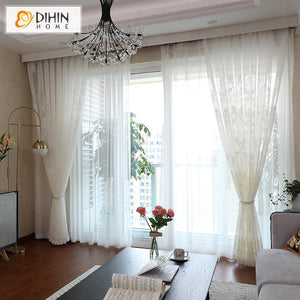 DIHIN HOME European Jacquard Embroidered Sheer Curtain, Grommet Window Curtain for Living Room ,52x63-inch,1 Panel