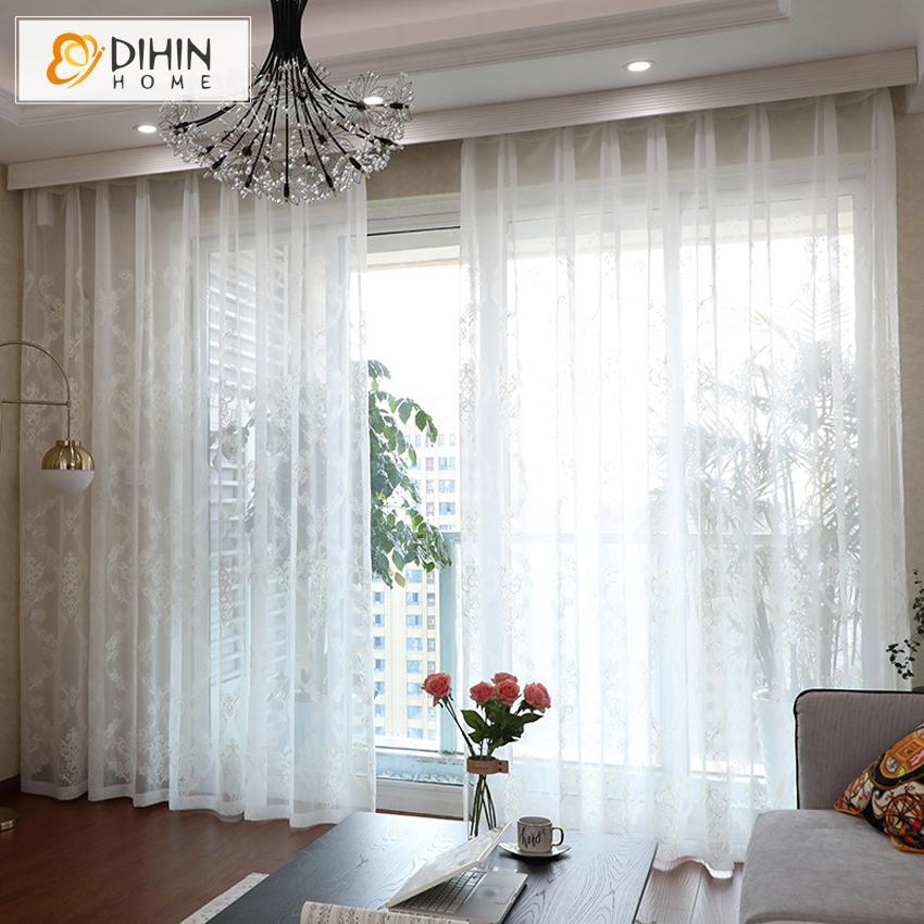 DIHIN HOME European Jacquard Embroidered Sheer Curtain, Grommet Window Curtain for Living Room ,52x63-inch,1 Panel