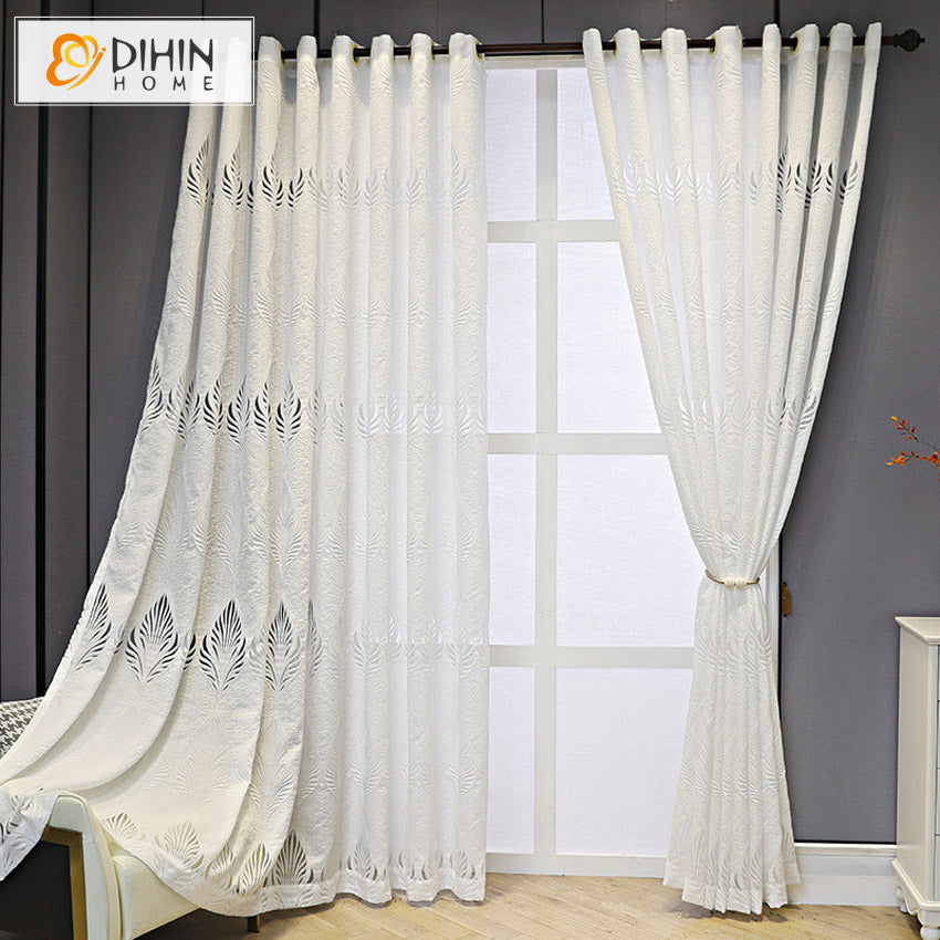 DIHIN HOME European Leaves Embroidered Customized Sheer Curtain,Grommet Window Curtain for Living Room ,52x63-inch,1 Panel