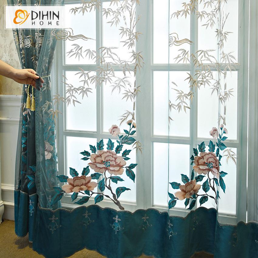 DIHINHOME Home Textile Sheer Curtain DIHIN HOME European Luxury Blue Embroidered Sheer Curtain, Grommet Window Curtain for Living Room ,52x63-inch,1 Panel