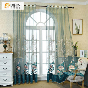 DIHINHOME Home Textile Sheer Curtain DIHIN HOME European Luxury Blue Embroidered Sheer Curtain, Grommet Window Curtain for Living Room ,52x63-inch,1 Panel