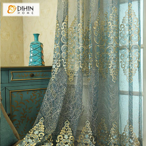 DIHIN HOME European Luxury Embroidered Sheer Curtain, Grommet Window Curtain for Living Room ,52x63-inch,1 Panel