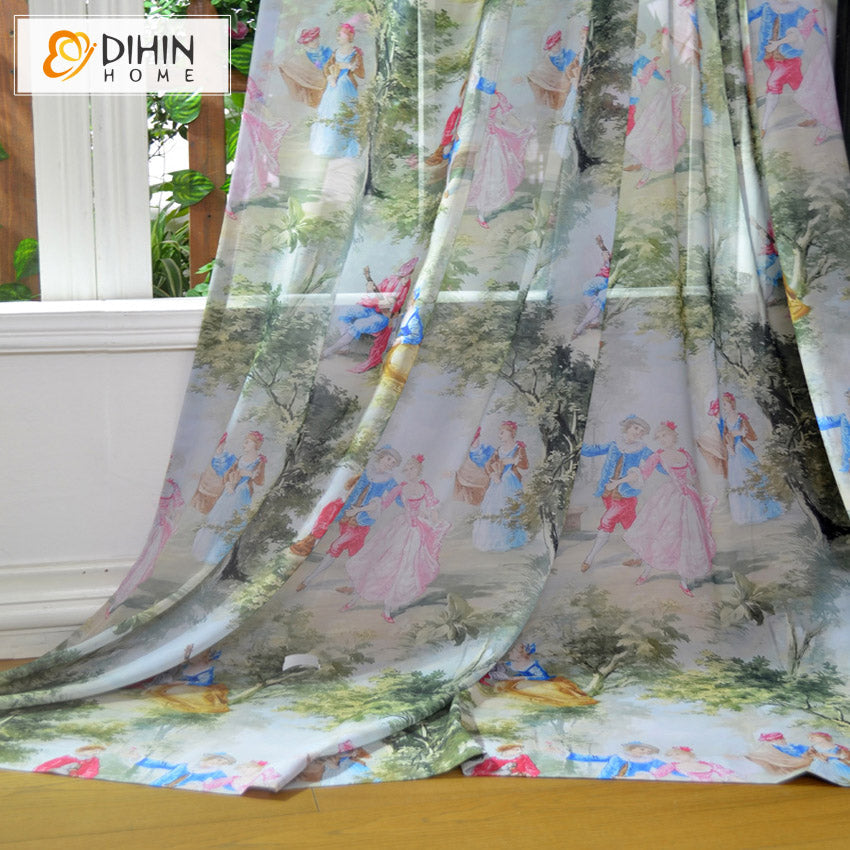 DIHINHOME Home Textile Sheer Curtain DIHIN HOME European Printed Sheer Curtain, Grommet Window Curtain for Living Room ,52x63-inch,1 Panelriped