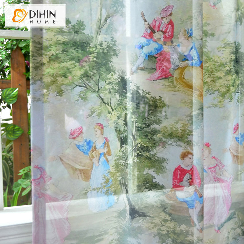 DIHINHOME Home Textile Sheer Curtain DIHIN HOME European Printed Sheer Curtain, Grommet Window Curtain for Living Room ,52x63-inch,1 Panelriped