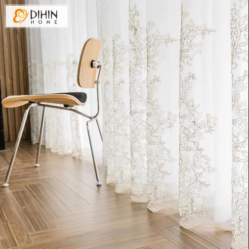 DIHIN HOME European Roral Embroideried Sheer Curtains,Grommet Window Curtain for Living Room ,52x63-inch,1 Panel