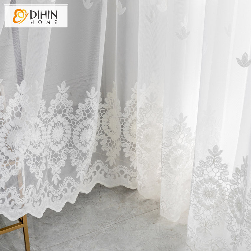 DIHINHOME Home Textile Sheer Curtain DIHIN HOME European White Embroidered,Grommet Window Sheer Curtain for Living Room ,52x63-inch,1 Panel