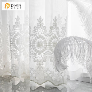 DIHINHOME Home Textile Sheer Curtain DIHIN HOME European White Embroidered,Grommet Window Sheer Curtain for Living Room ,52x63-inch,1 Panel