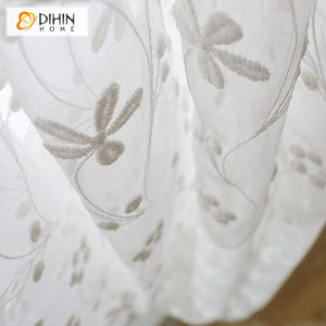 DIHIN HOME European White Embroidered Sheer Curtain, Grommet Window Curtain for Living Room ,52x63-inch,1 Panel