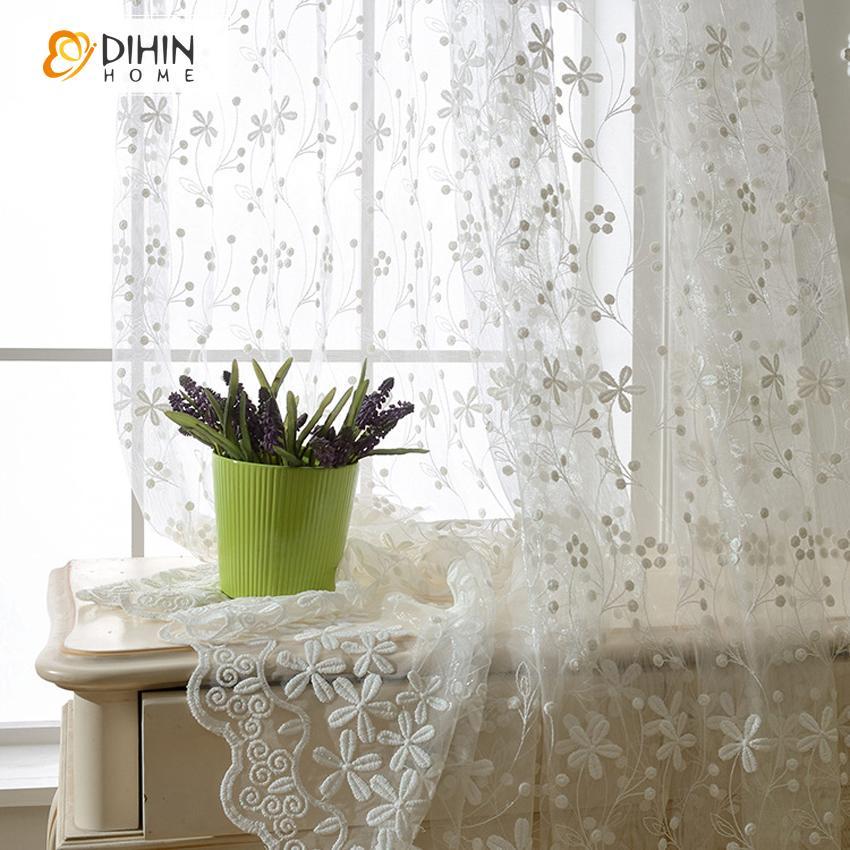 DIHIN HOME European White Embroidered Sheer Curtain, Grommet Window Curtain for Living Room ,52x63-inch,1 Panel