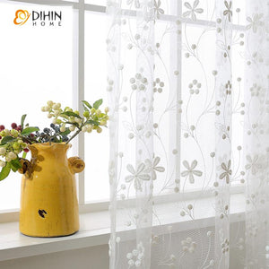 DIHIN HOME European White Embroidered Sheer Curtain, Grommet Window Curtain for Living Room ,52x63-inch,1 Panel