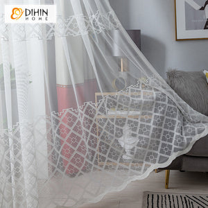 DIHIN HOME European White Geometric Embroidered Sheer Curtain,Grommet Window Curtain for Living Room ,52x63-inch,1 Panel
