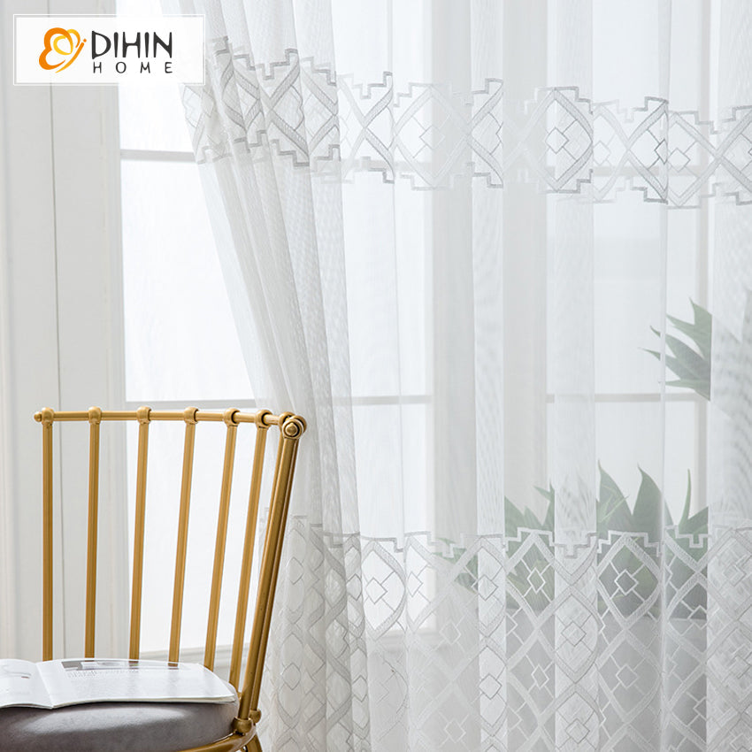 DIHINHOME Home Textile Sheer Curtain DIHIN HOME European White Geometric Embroidered Sheer Curtain,Grommet Window Curtain for Living Room ,52x63-inch,1 Panel
