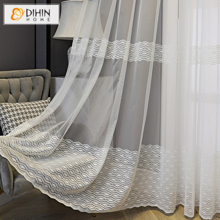 DIHIN HOME European White Geometric Sheer Curtain,Grommet Window Curtain for Living Room ,52x63-inch,1 Panel