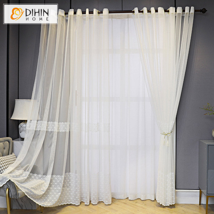 DIHINHOME Home Textile Sheer Curtain DIHIN HOME European White Geometric Sheer Curtain,Grommet Window Curtain for Living Room ,52x63-inch,1 Panel