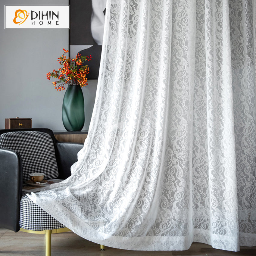 DIHIN HOME European White Lace Sheer Curtain,Grommet Window Curtain for Living Room ,52x63-inch,1 Panel