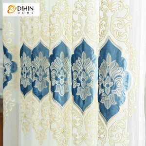 DIHINHOME Home Textile Sheer Curtain DIHIN HOME Exquisite Blue Pattern Embroidered,Sheer Curtain,Blackout Grommet Window Curtain for Living Room ,52x63-inch,1 Panel