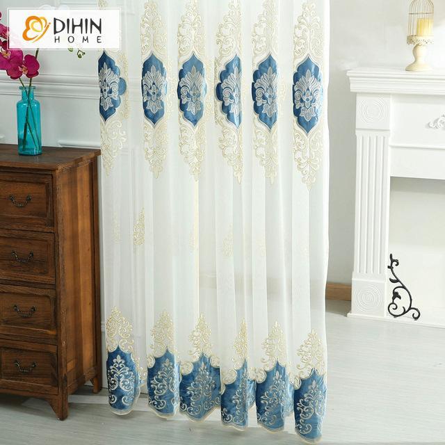 DIHINHOME Home Textile Sheer Curtain DIHIN HOME Exquisite Blue Pattern Embroidered,Sheer Curtain,Blackout Grommet Window Curtain for Living Room ,52x63-inch,1 Panel