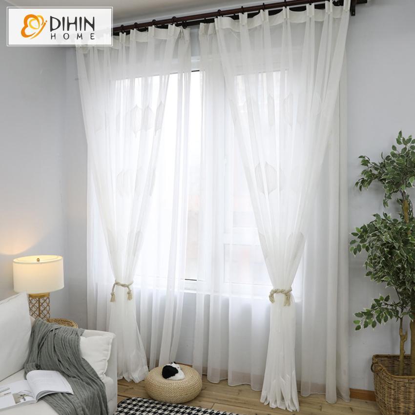 DIHINHOME Home Textile Sheer Curtain DIHIN HOME Exquisite White Leaves Embroidered,Sheer Curtain,Blackout Grommet Window Curtain for Living Room ,52x63-inch,1 Panel