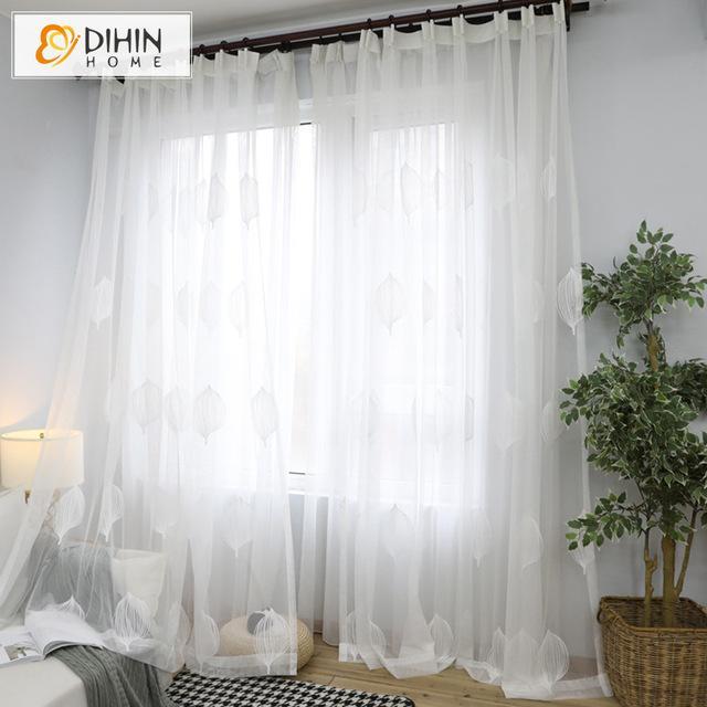 DIHINHOME Home Textile Sheer Curtain DIHIN HOME Exquisite White Leaves Embroidered,Sheer Curtain,Blackout Grommet Window Curtain for Living Room ,52x63-inch,1 Panel