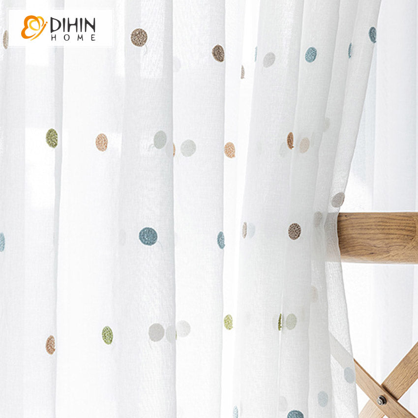 DIHINHOME Home Textile Sheer Curtain DIHIN HOME Fashion Colorful Dots Emboridered,Sheer Curtain, Grommet Window Curtain for Living Room ,52x63-inch,1 Panel