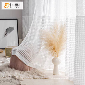 DIHIN HOME Fashion White Houndstooth Embroideried Sheer Curtains,Grommet Window Curtain for Living Room ,52x63-inch,1 Panel