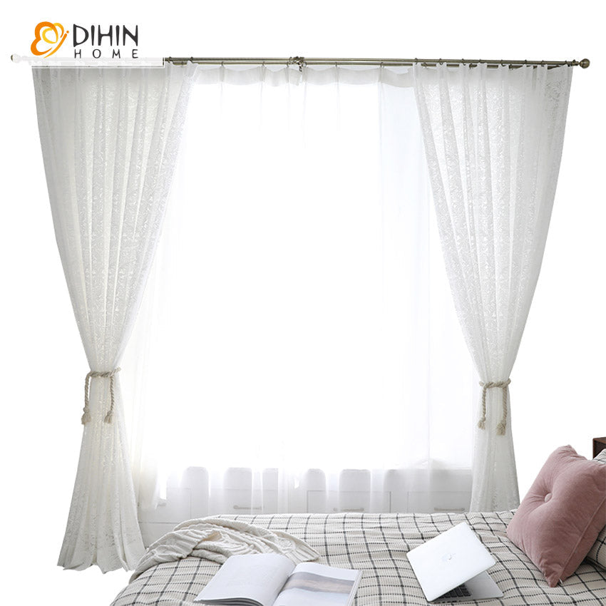 DIHINHOME Home Textile Sheer Curtain DIHIN HOME Fashion White Jacquard,Sheer Curtain, Grommet Window Curtain for Living Room ,52x63-inch,1 Panel