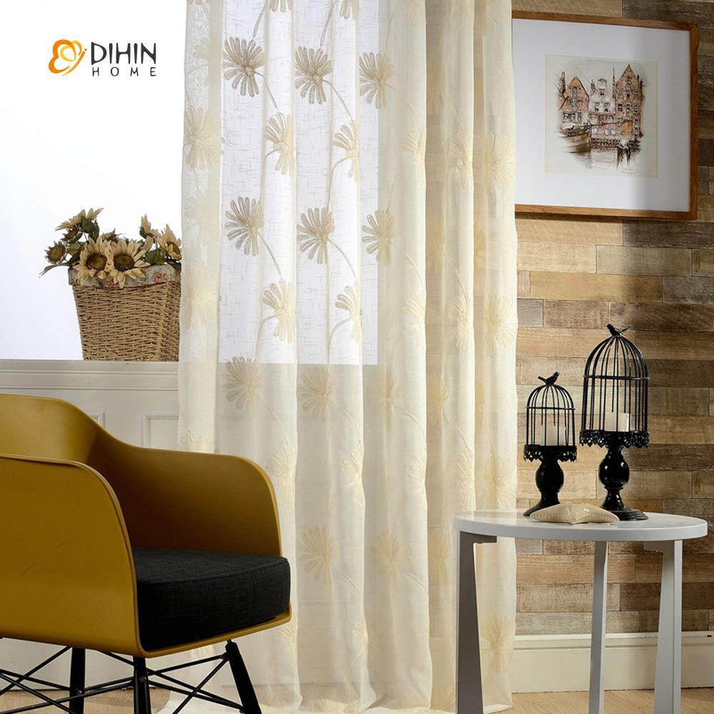 DIHINHOME Home Textile Sheer Curtain DIHIN HOME Floral Embroidered Sheer Curtains ,Cotton Linen ,Day Curtain Grommet Window Curtain for Living Room ,52x63-inch,1 Panel