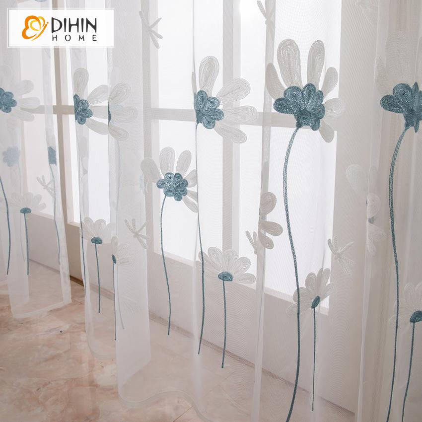 DIHINHOME Home Textile Sheer Curtain DIHIN HOME Garden Blue Flowers Emboridered,Sheer Curtain,Grommet Window Curtain for Living Room ,52x63-inch,1 Panel