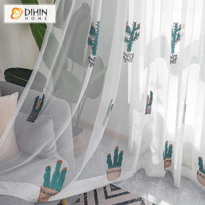 DIHINHOME Home Textile Sheer Curtain DIHIN HOME Garden Green Cactus Emboridered,Sheer Curtain,Grommet Window Curtain for Living Room ,52x63-inch,1 Panel