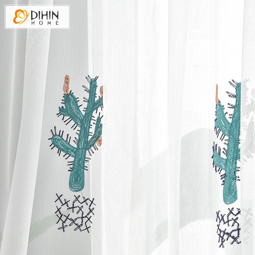 DIHINHOME Home Textile Sheer Curtain DIHIN HOME Garden Green Cactus Emboridered,Sheer Curtain,Grommet Window Curtain for Living Room ,52x63-inch,1 Panel
