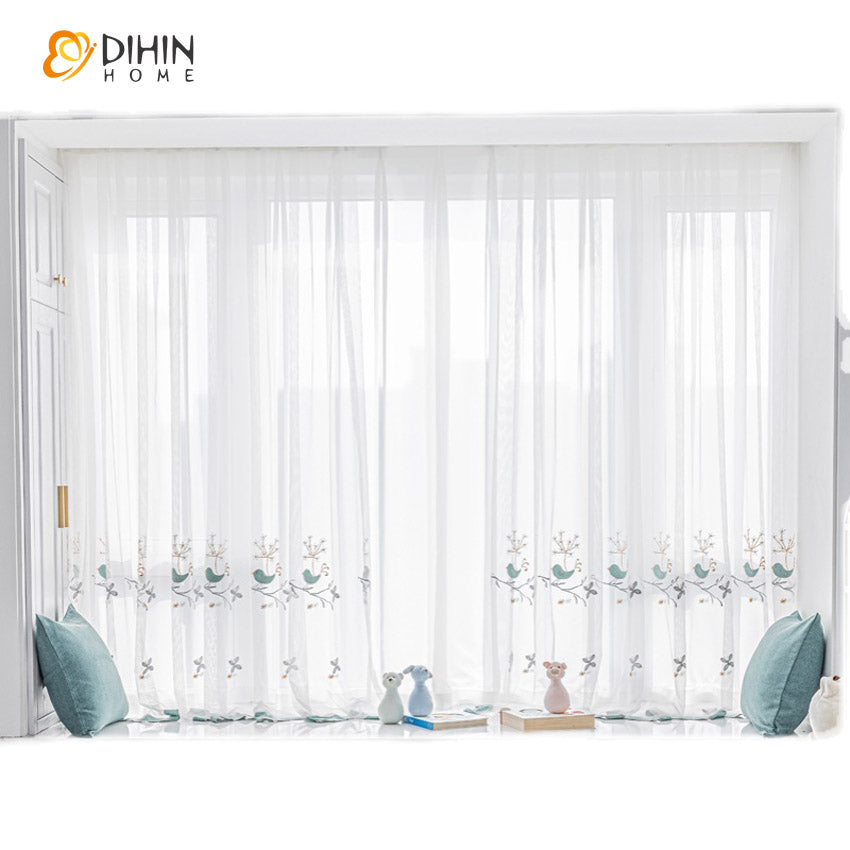 DIHINHOME Home Textile Sheer Curtain DIHIN HOME Garden Leaves Embroidered,Grommet Window Sheer Curtain for Living Room ,52x63-inch,1 Panel