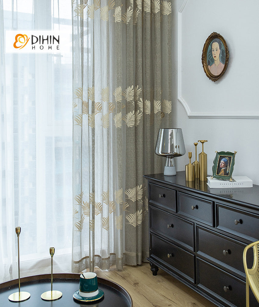 DIHINHOME Home Textile Sheer Curtain DIHIN HOME Garden Leaves Embroidered Sheer Curtain,Grommet Window Curtain for Living Room ,52x63-inch,1 Panel