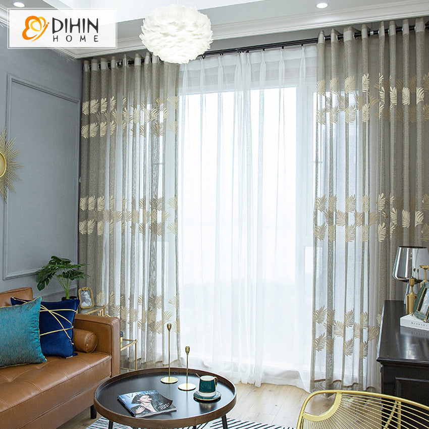 DIHIN HOME Garden Leaves Embroidered Sheer Curtain,Grommet Window Curtain for Living Room ,52x63-inch,1 Panel
