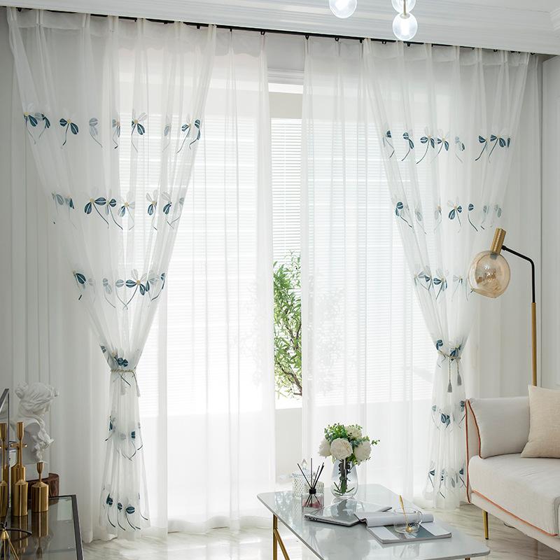 DIHIN HOME Garden Natural Blue Flowers Cotton Linen Embroidered Day Curtain ,Sheer Curtain, Grommet Window Curtain for Living Room ,52x63-inch,1 Panel